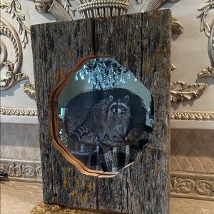 Rustic Wood Framed Mirror with Raccoon Artwork - Gray and Brown